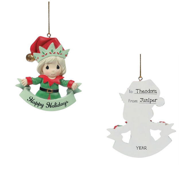 Precious Moments personalized Happy Holidays Christmas elf ornament in red and green with custom To, From and year.