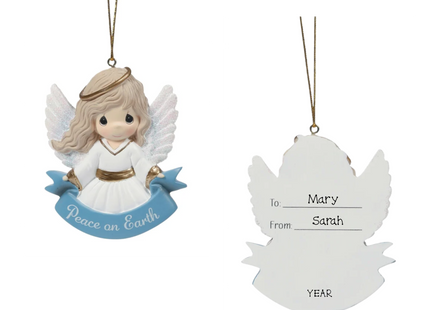 Precious Moments personalized Peace on Earth angel Christmas ornament with sparkling wings and custom To, From and year.