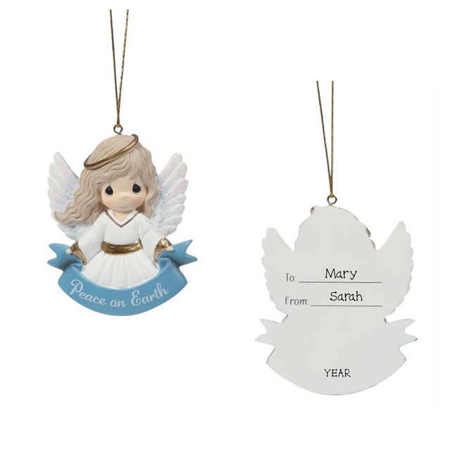 Precious Moments personalized Peace on Earth angel Christmas ornament with sparkling wings and custom To, From and year.