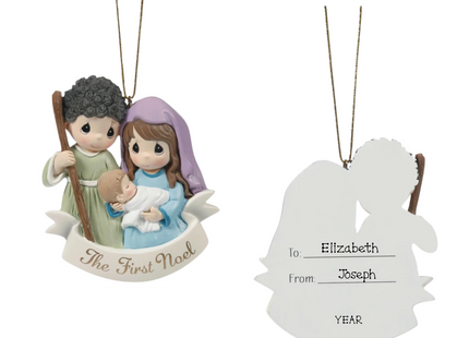 Precious Moments personalized The First Noel Holy Family Christmas ornament featuring Mary, Joseph and baby Jesus with custom To, From and year.
