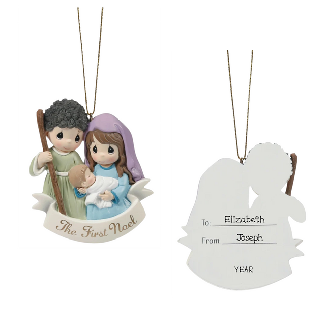 Precious Moments personalized The First Noel Holy Family Christmas ornament featuring Mary, Joseph and baby Jesus with custom To, From and year.