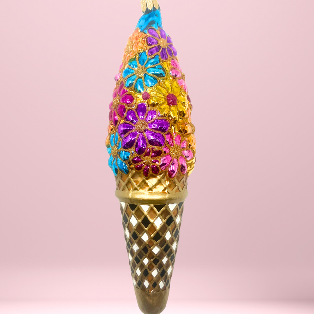 Floral Fetish Ice Cream Cone Polish Glass Ornament
