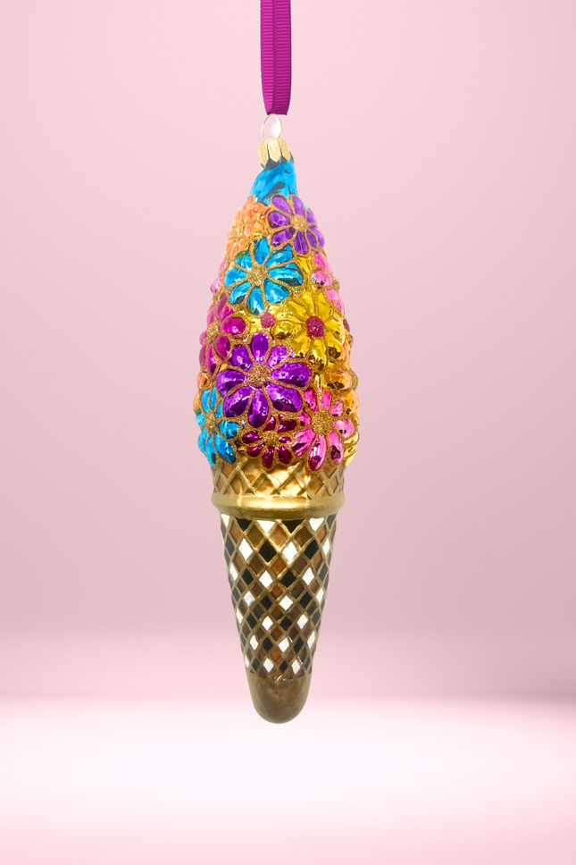Floral Fetish Ice Cream Cone Polish Glass Ornament