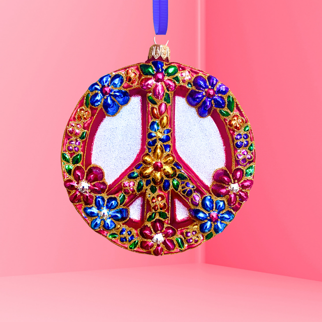 Peace Sign Polish Glass Ornament (Floral Side)