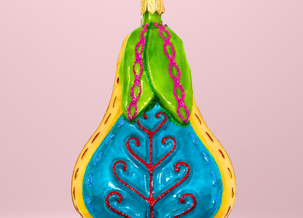 Folk Pear Glass Christmas Ornament