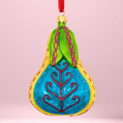 Folk Pear Glass Christmas Ornament