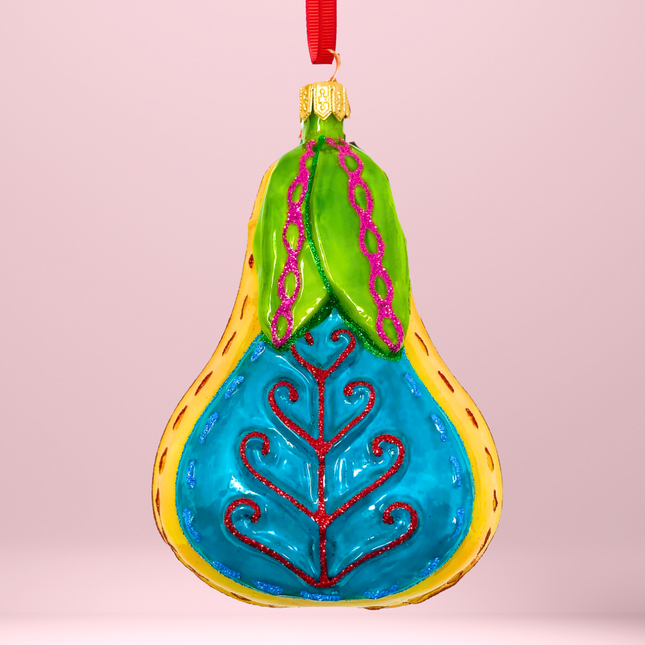 Folk Pear Glass Christmas Ornament