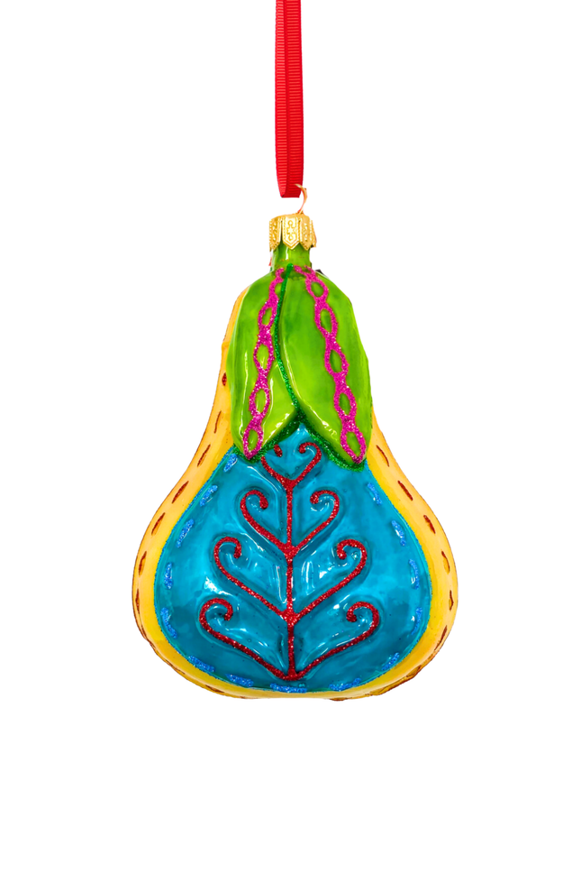 Folk Pear Glass Christmas Ornament