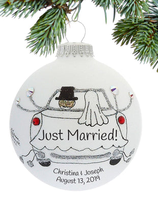 Just Married Car with Groom and Bride Ornament  by HEART GIFTS Ornament
