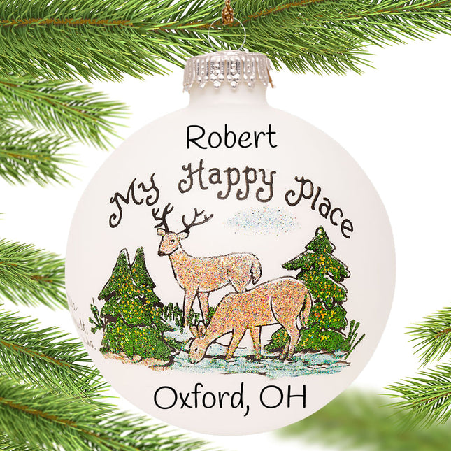engraved personalized my happy place deer christmas ornament – Christmas ornament, holiday tree decoration or gift