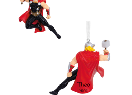 Personalized Thor Christmas ornament with hammer, red cape, custom name and year.