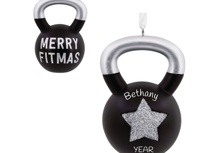 Personalized Merry Fitmas kettlebell Christmas ornament with custom name and year.