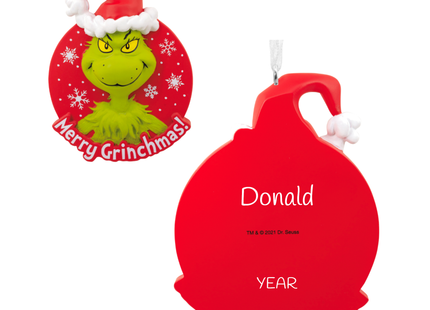 Personalized Merry Grinchmas Christmas ornament with the Grinch in a Santa hat, custom name and year.