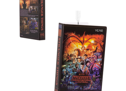 Personalized Stranger Things VHS tape Christmas ornament with colorful Netflix series character collage, retro VHS case design, Liam at the bottom and year at the upper right.