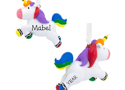 Personalized rainbow unicorn Christmas ornament with custom name and year.