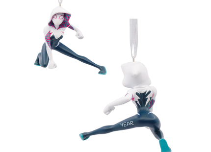 Personalized Spider-Gwen Christmas ornament featuring Ghost-Spider in her white hooded suit with custom year.