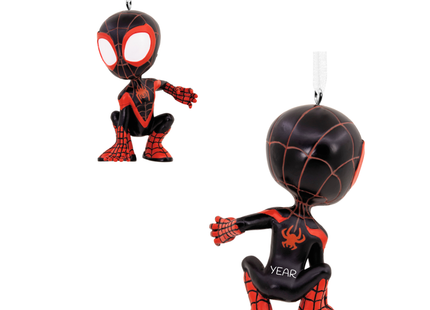 Personalized Miles Morales Spider-Man Christmas ornament in black and red suit with custom year.