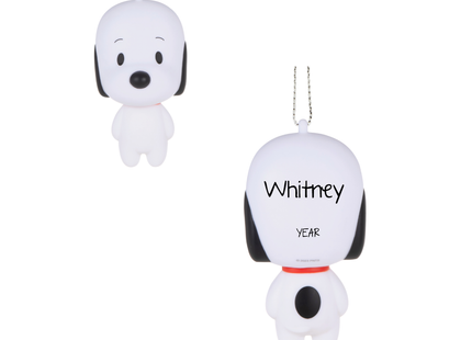 Personalized Snoopy Christmas ornament featuring classic Snoopy with custom name and year.