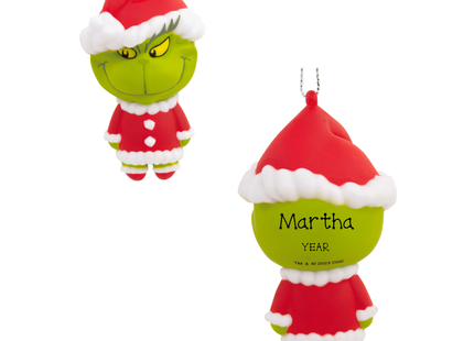 Personalized Grinch Christmas ornament featuring the Grinch dressed as Santa with custom name and year.