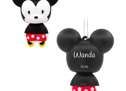 Personalized Minnie Mouse Christmas ornament with red polka dot skirt, flower and custom name and year.