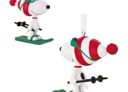 Personalized Snoopy skiing Christmas ornament with skis, poles, winter hat and custom year.