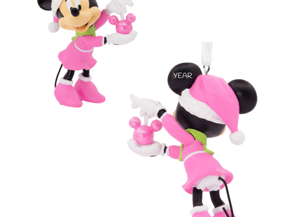 Personalized Minnie Mouse Christmas ornament wearing a pink Santa outfit and holding a pink Mickey ornament with custom year.