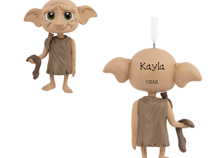 Personalized Harry Potter Dobby the House-Elf Christmas ornament with large green eyes, oversized ears, brown tunic and sock, shown front and back with Kayla and year personalization.