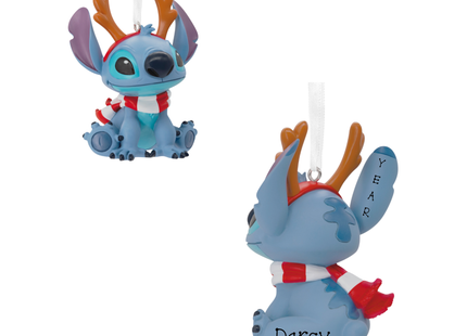 Personalized Stitch reindeer Christmas ornament with antlers, scarf, custom name and year.