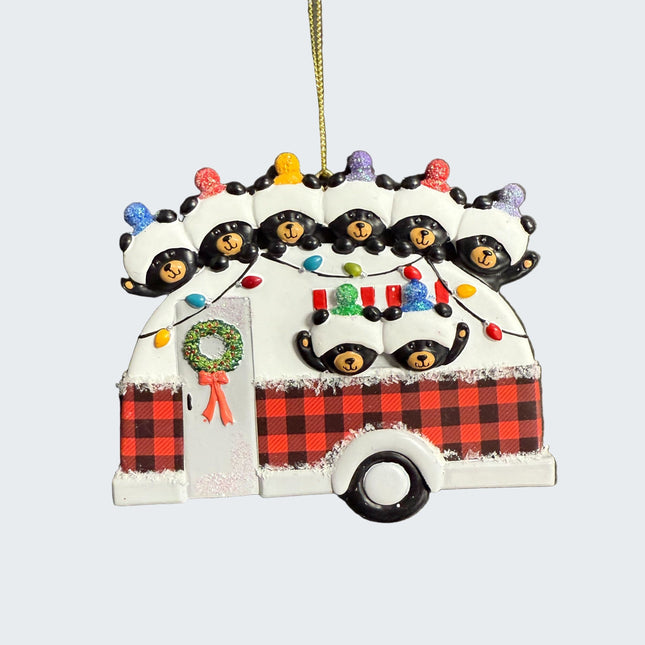 Personalized bear family in camper Christmas ornament with 8 names