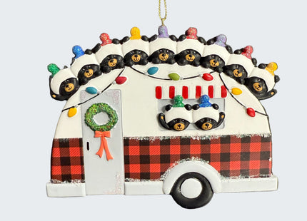 Personalized bear family in camper Christmas ornament with 11 names