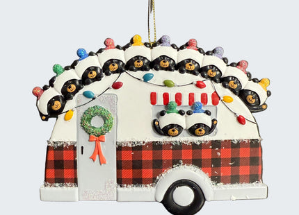 Personalized bear family in camper Christmas ornament with 12 names