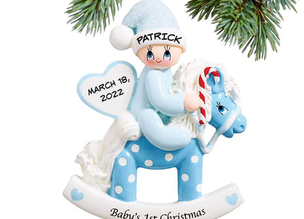 engraved personalized baby's first christmas rocking horse blue christmas ornament – Christmas ornament, holiday tree decorat