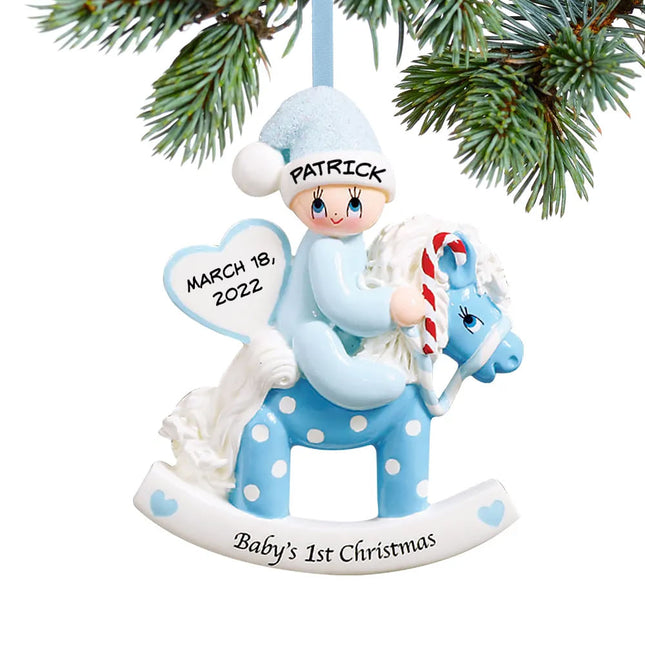 engraved personalized baby's first christmas rocking horse blue christmas ornament – Christmas ornament, holiday tree decorat