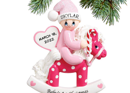 keepsake personalized baby's first christmas rocking horse pink christmas ornament – Christmas ornament, holiday tree decorat