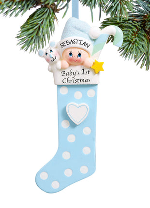 Baby's First Christmas Stocking Blue Ornament  by RUDOLPH AND ME Ornament