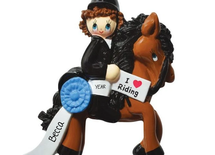 Personalized horseback riding ornament with equestrian rider on brown horse, blue award ribbon, Becca name and year