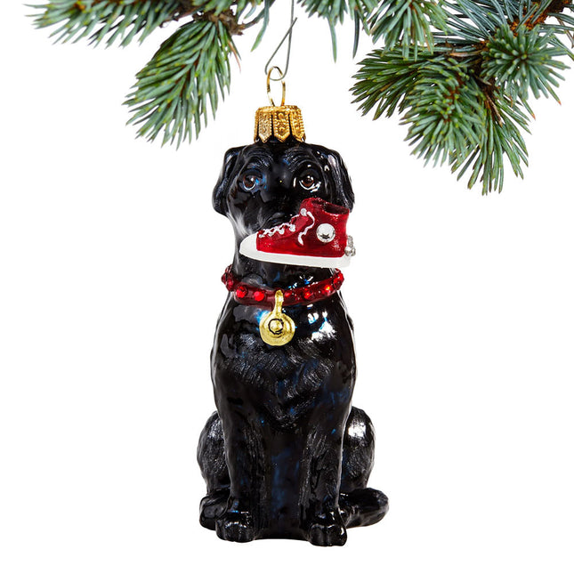 Black Lab with High Top Sneaker Glass Christmas Ornament