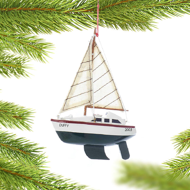 Wooden Yacht Sailboat With Blue, Green or Red Hull Personalized Ornament