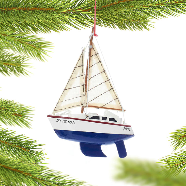 Wooden Yacht Sailboat With Blue, Green or Red Hull Personalized Ornament