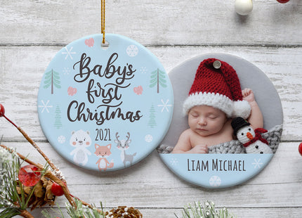 custom personalized baby's first christmas woodland animals christmas ornament – Christmas ornament, holiday tree decoration 