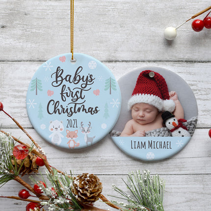 custom personalized baby's first christmas woodland animals christmas ornament – Christmas ornament, holiday tree decoration 