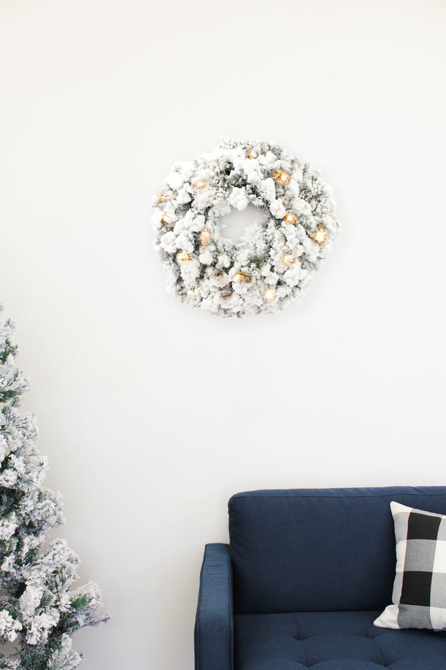 Prelit Heavy Flocked Pine Wreath