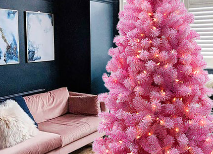 Prelit Pink Christmas Tree with Silver Tinsel Needles Warm White Lights