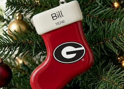 Personalized Georgia Bulldogs red stocking Christmas ornament with custom name and optional year.