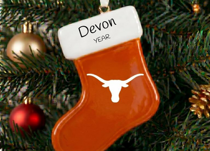 Personalized Texas Longhorns Christmas stocking ornament with custom name and Longhorn logo