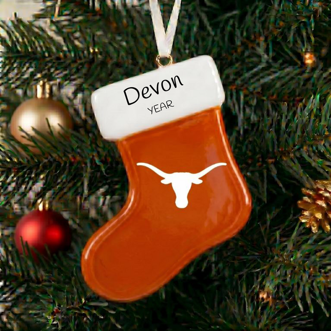 Personalized Texas Longhorns Christmas stocking ornament with custom name and Longhorn logo