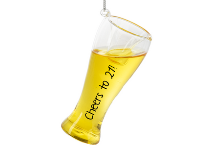 Personalized beer glass Christmas ornament shaped like a pilsner glass with custom name or short message.