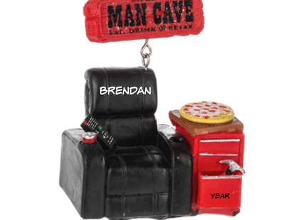 Personalized Man Cave recliner Christmas ornament with custom name and year, black chair, pizza, drink and remote control.