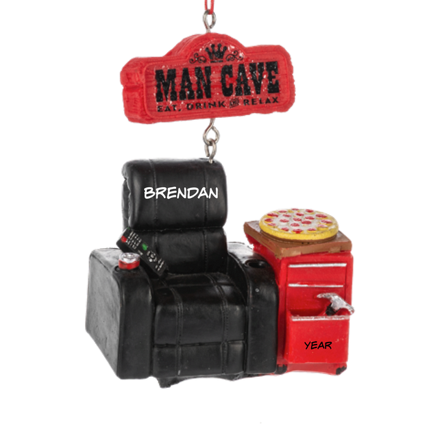 Personalized Man Cave recliner Christmas ornament with custom name and year, black chair, pizza, drink and remote control.
