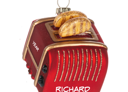 Personalized red toaster Christmas ornament with two slices of toast and custom name and year.